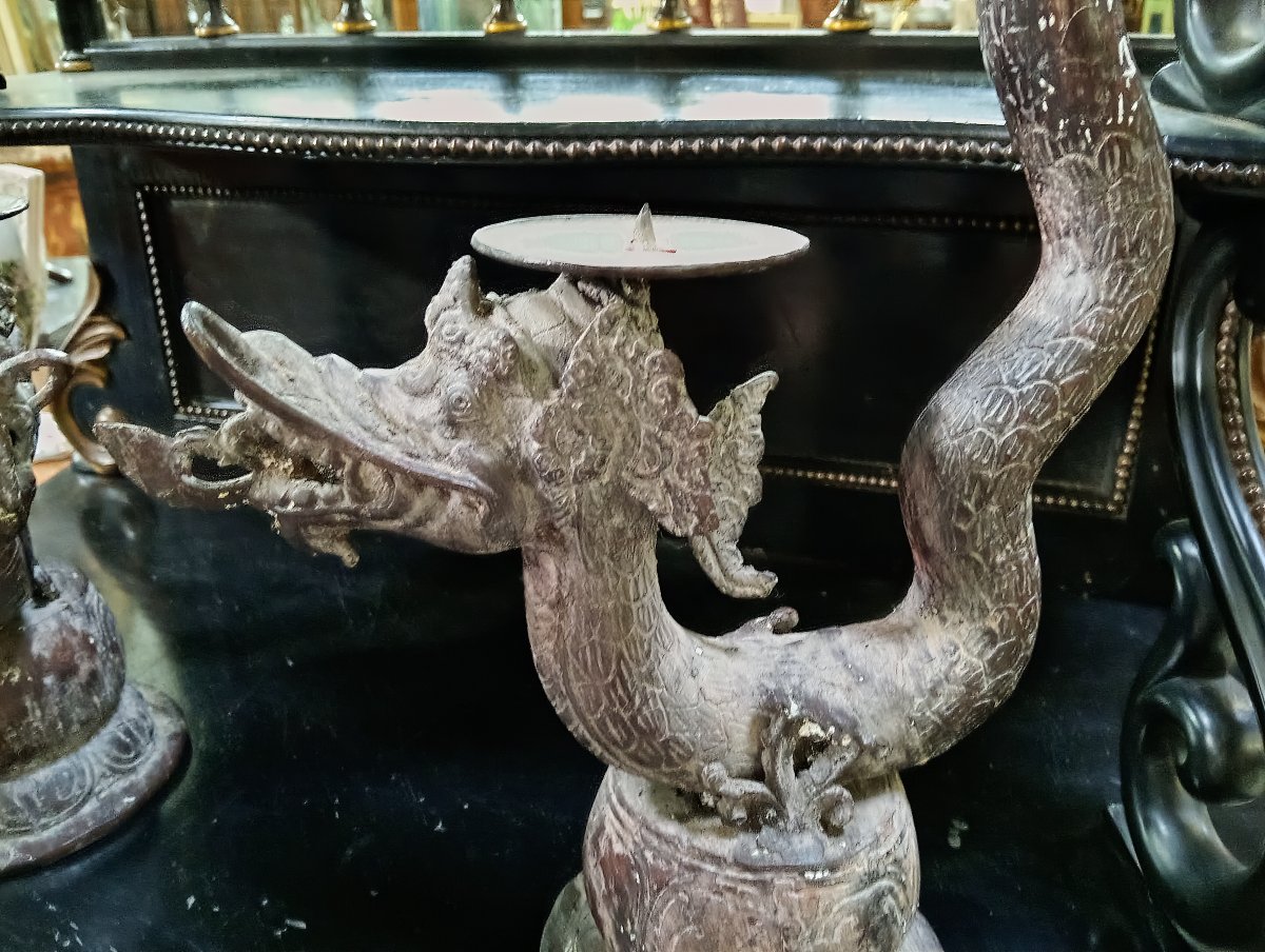 Paire de bougeoirs aux dragons asiatiques en bronze – H. 60 cm -photo-1