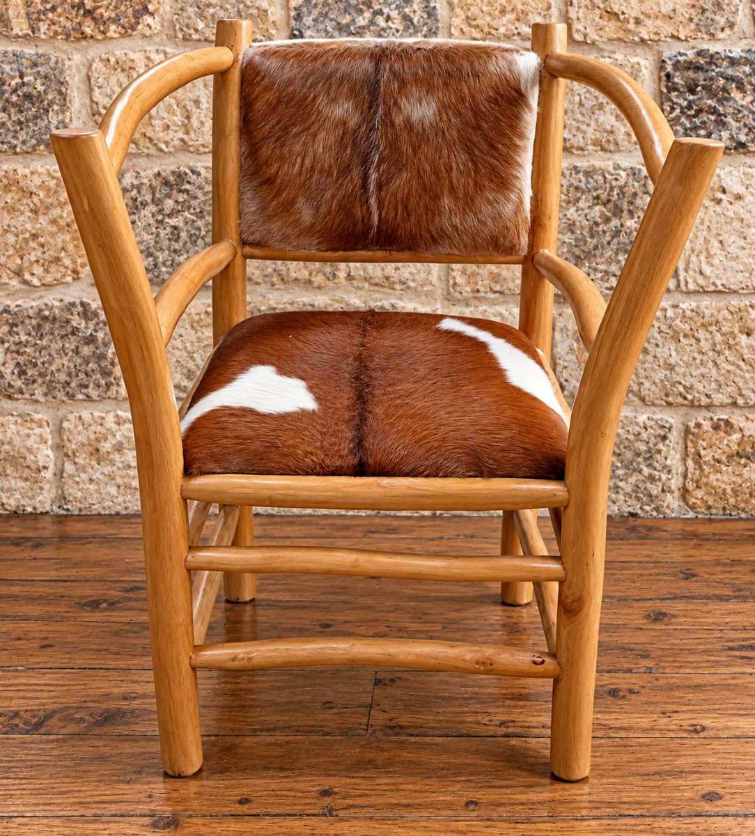 Fauteuil rustique en bois clair et peau de vache – Travail seconde moitié  XXeme 