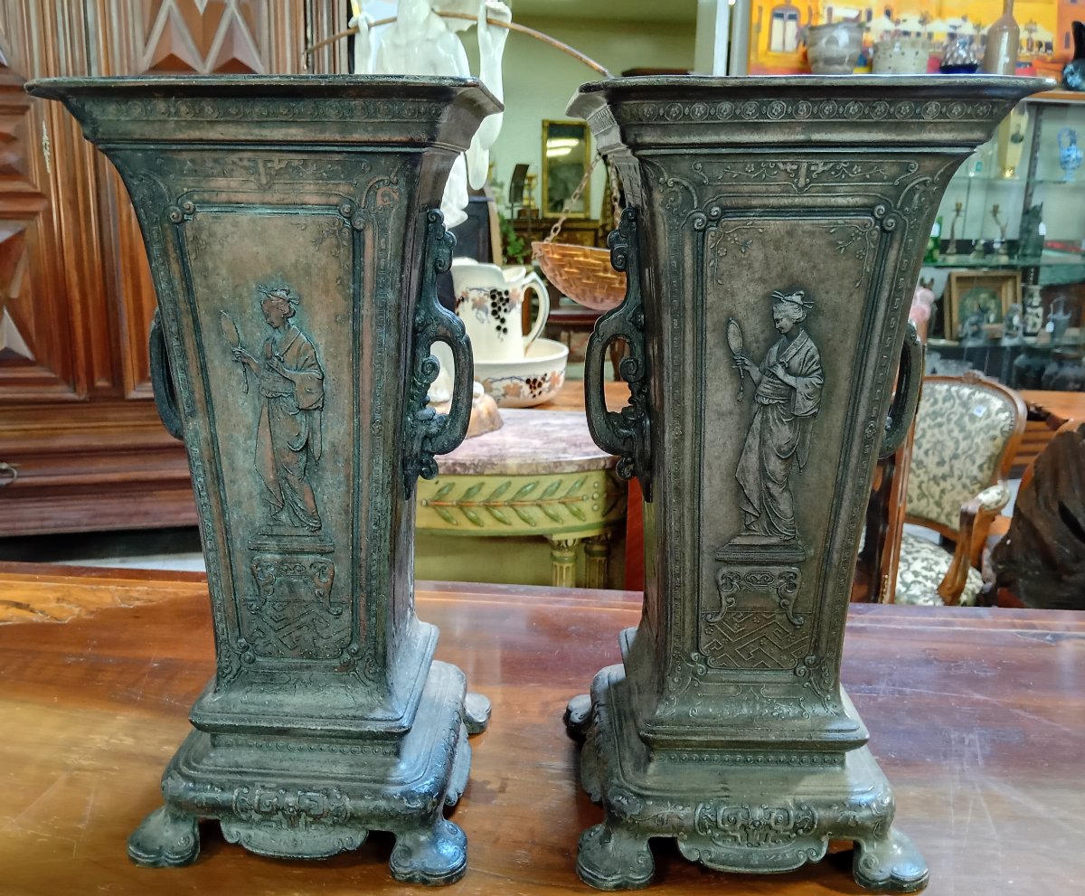 Pair Of Cast-iron Medici Vases With Japanese-style Decoration – 19th Century-photo-4