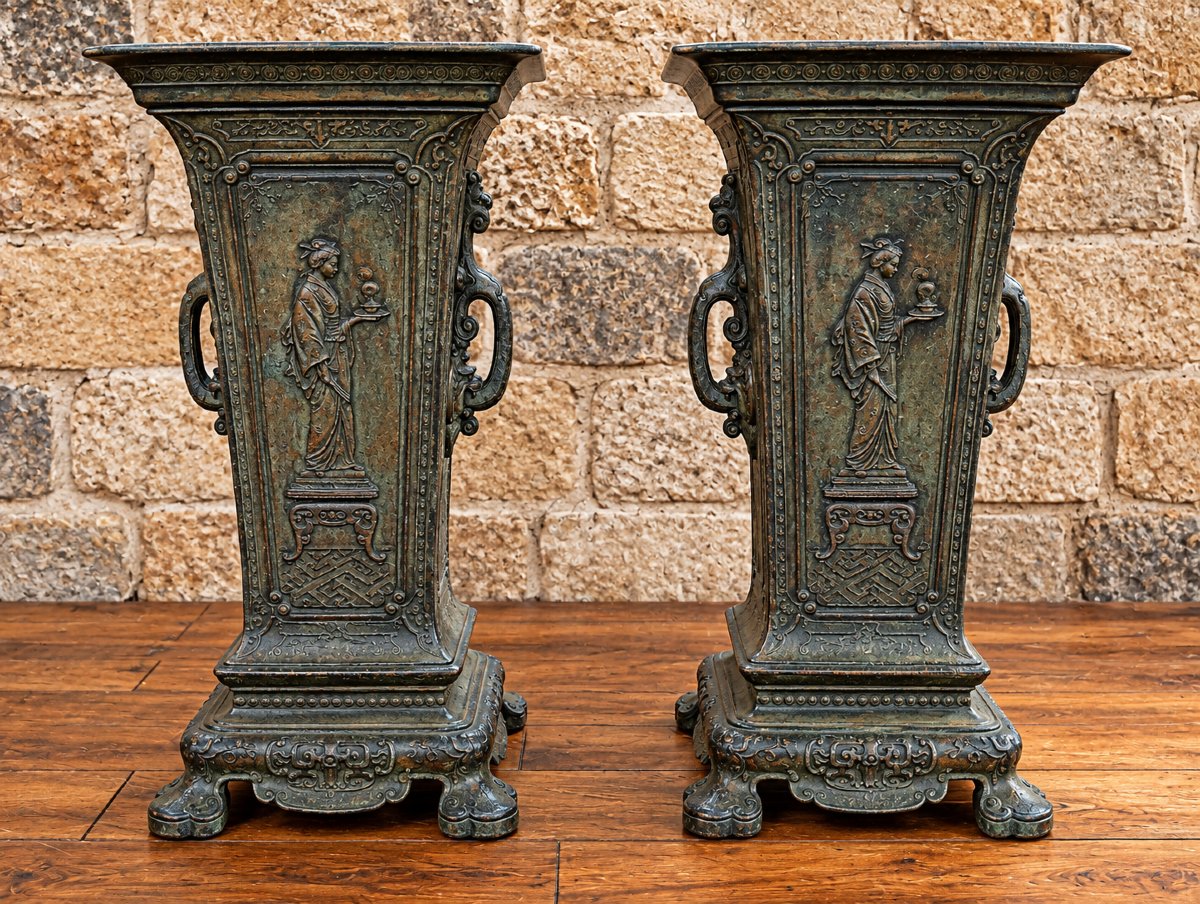 Pair Of Cast-iron Medici Vases With Japanese-style Decoration – 19th Century