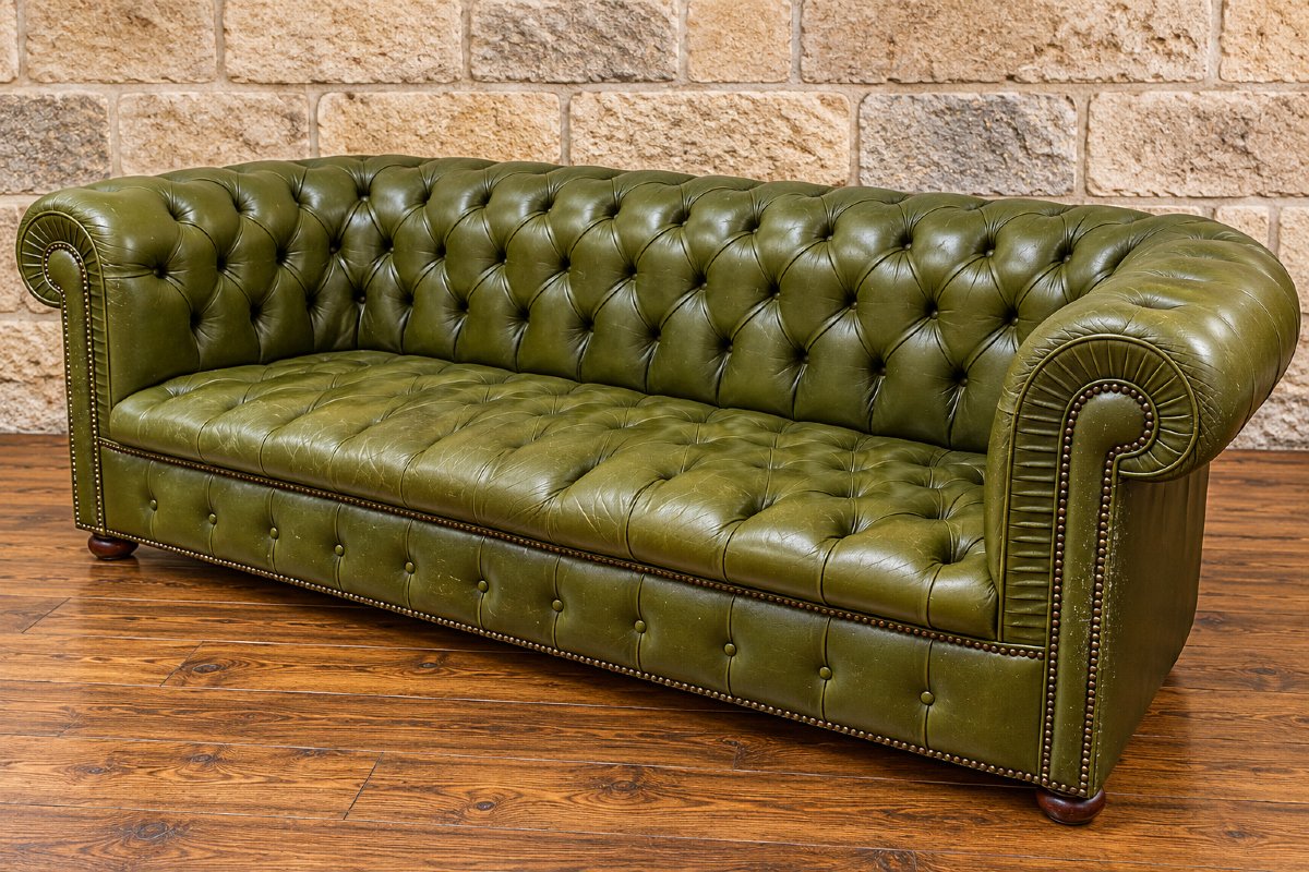 Grand canapé Chesterfield en cuir vert capitonné – 3 places
