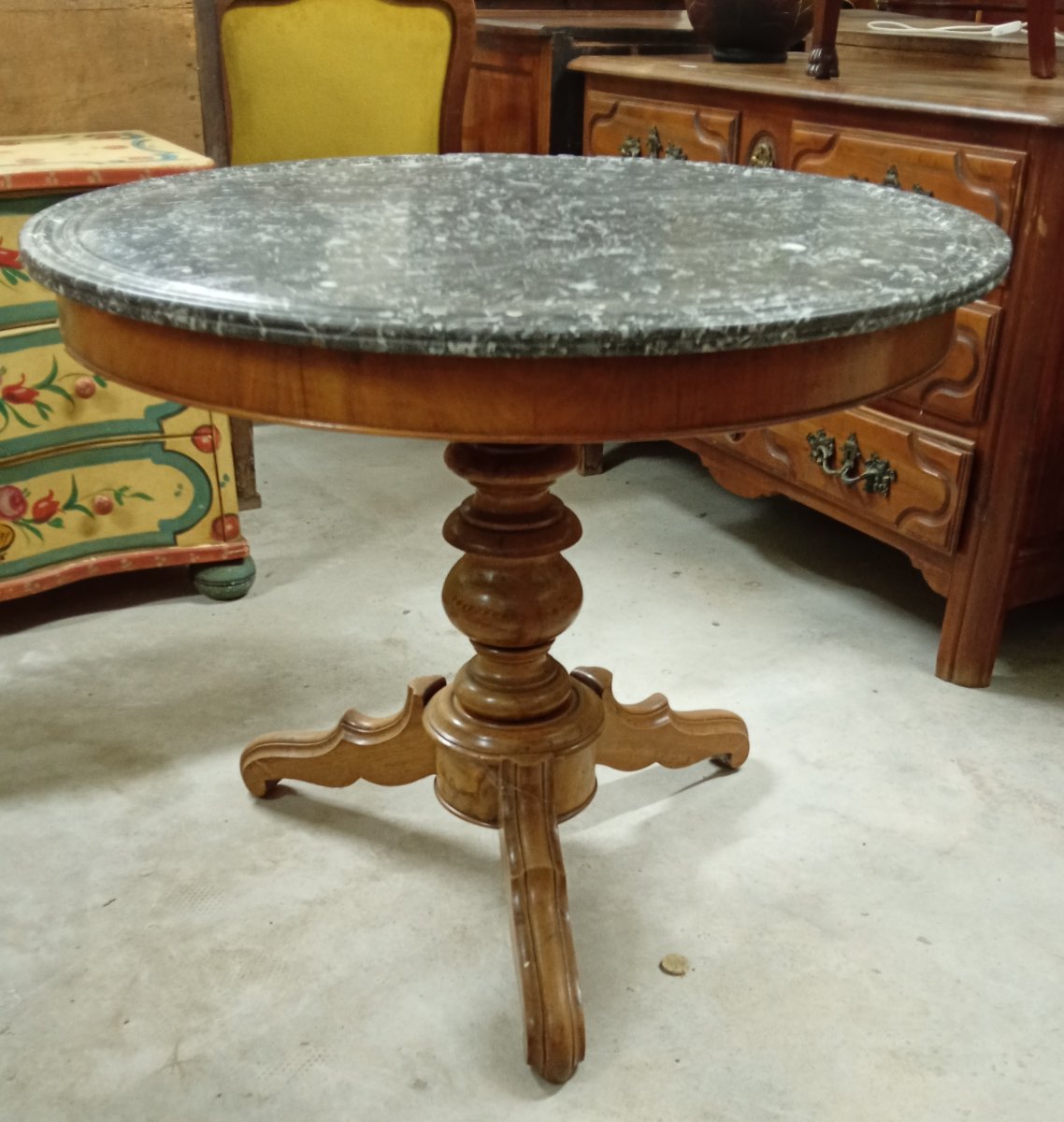 Round Wooden Side Table – Gray Marble Top – 19th Century -photo-3