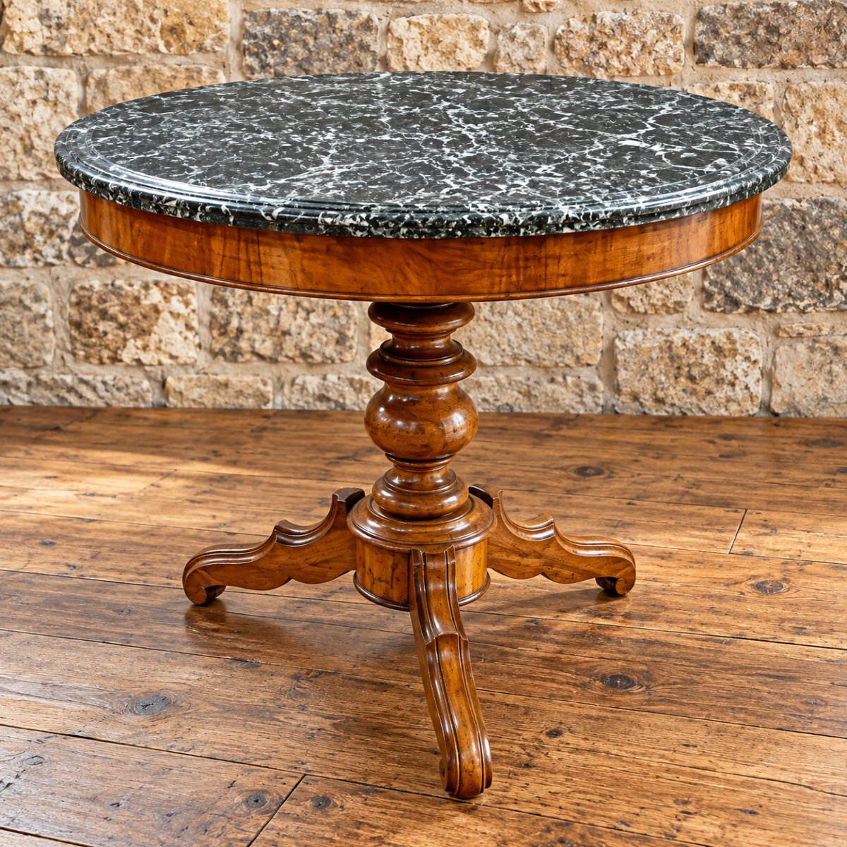 Round Wooden Side Table – Gray Marble Top – 19th Century 