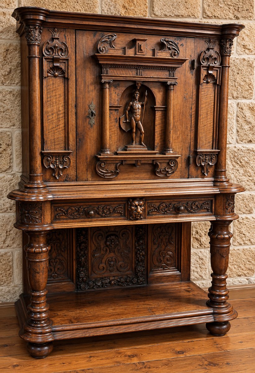 Important cabinet d’apparat en noyer sculpté – Style Renaissance – XIXe siècle -photo-3