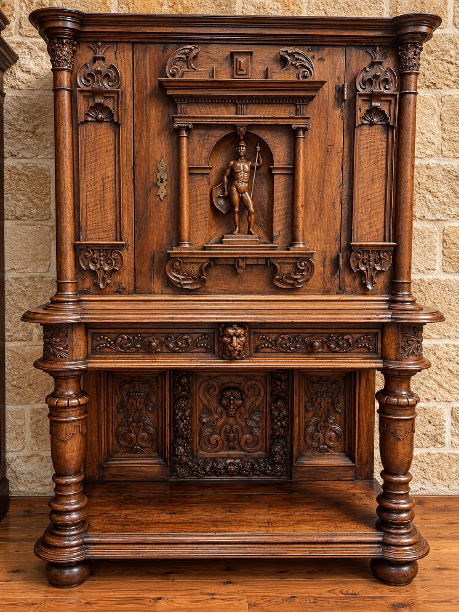 Important cabinet d’apparat en noyer sculpté – Style Renaissance – XIXe siècle 