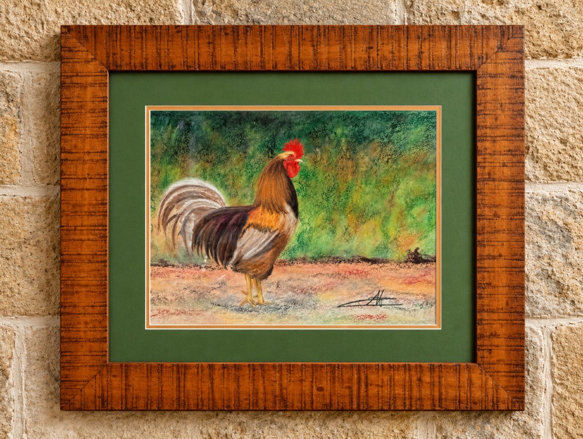 Rooster – Mixed Media / Pastel – Signed – Wooden Frame 