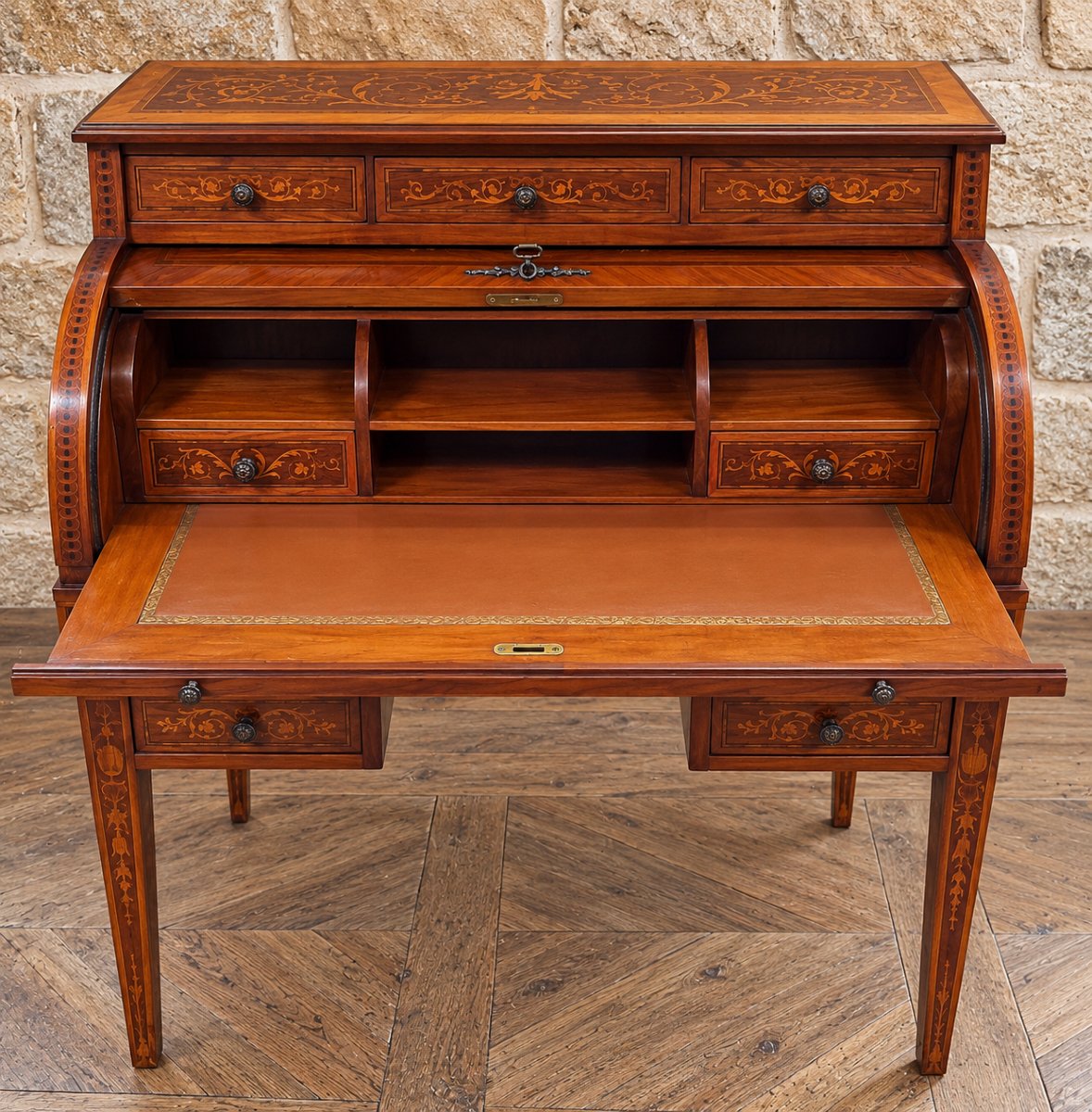 Cylinder-shaped Desk With Inlay On All Sides—louis XVI Style—floral Design -photo-2