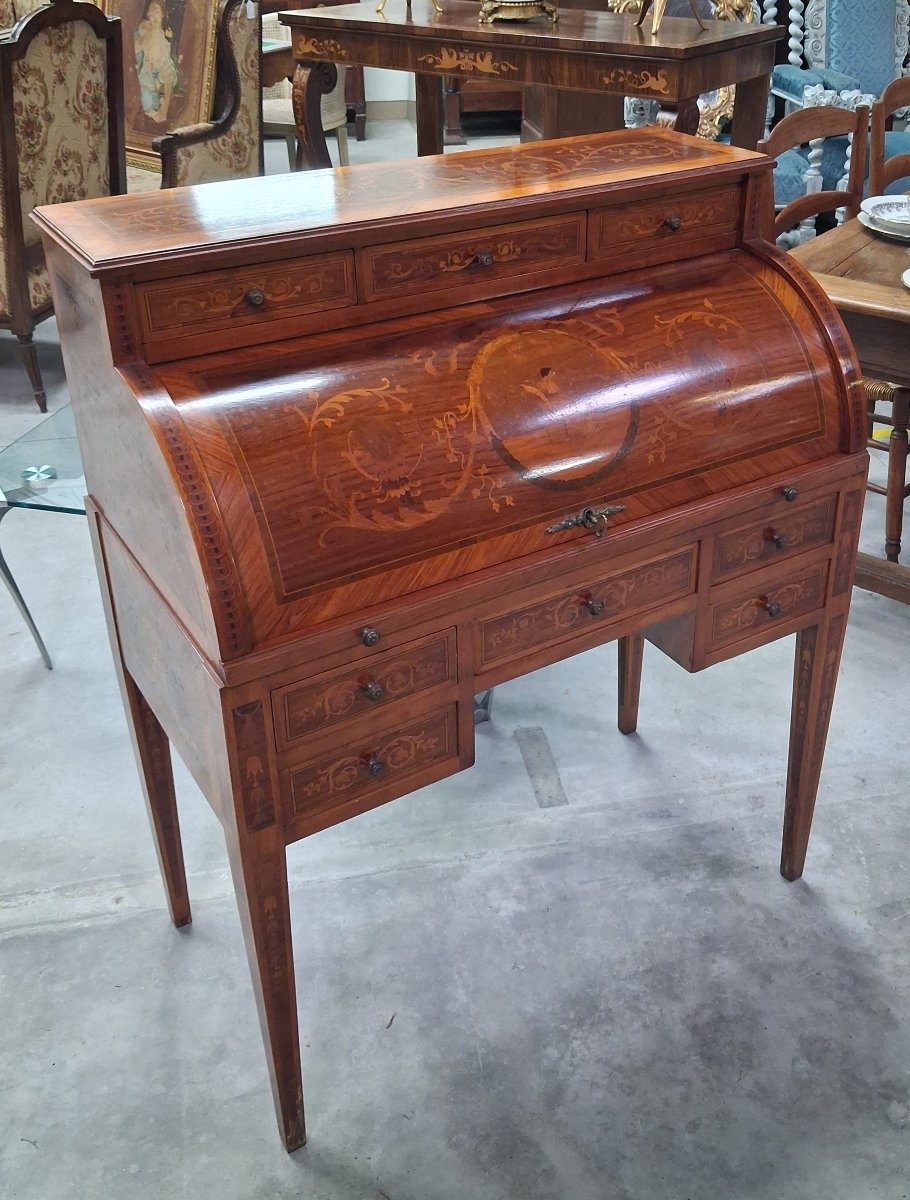 Cylinder-shaped Desk With Inlay On All Sides—louis XVI Style—floral Design -photo-4
