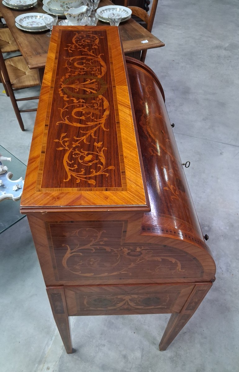 Cylinder-shaped Desk With Inlay On All Sides—louis XVI Style—floral Design -photo-3