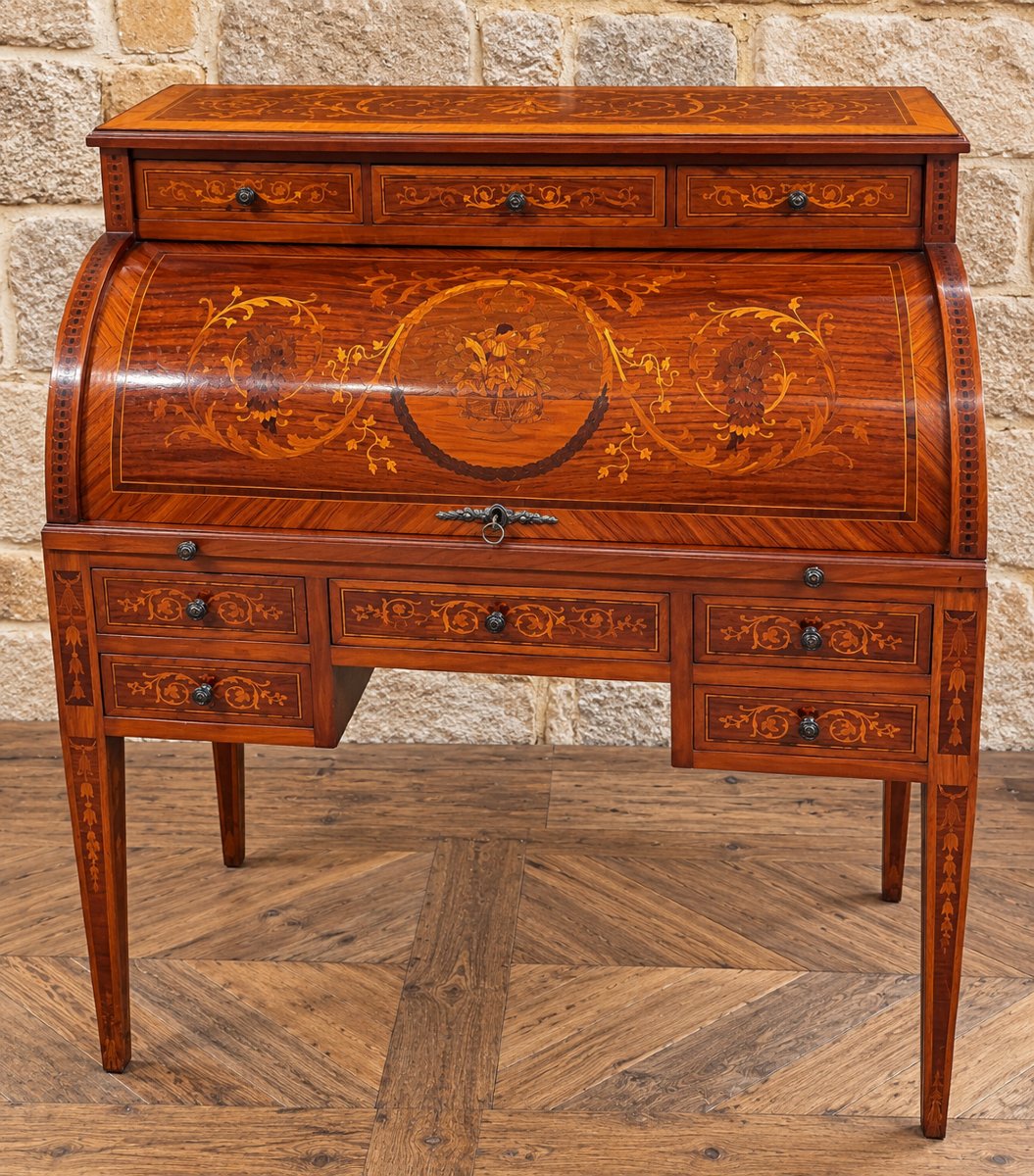 Cylinder-shaped Desk With Inlay On All Sides—louis XVI Style—floral Design 