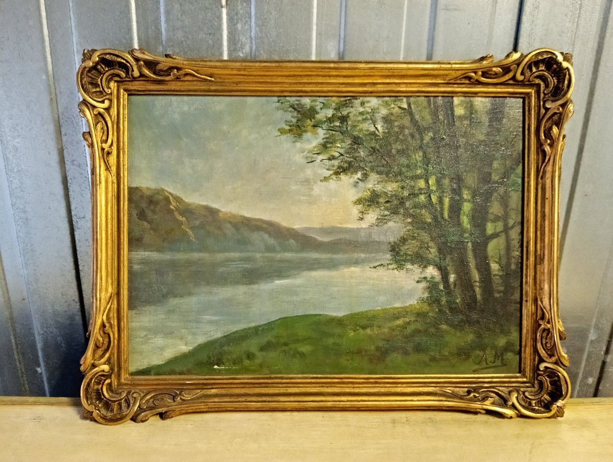 Paysage lacustre – Huile sur toile signée A.M. – École Française, début du XXe siècle  -photo-2