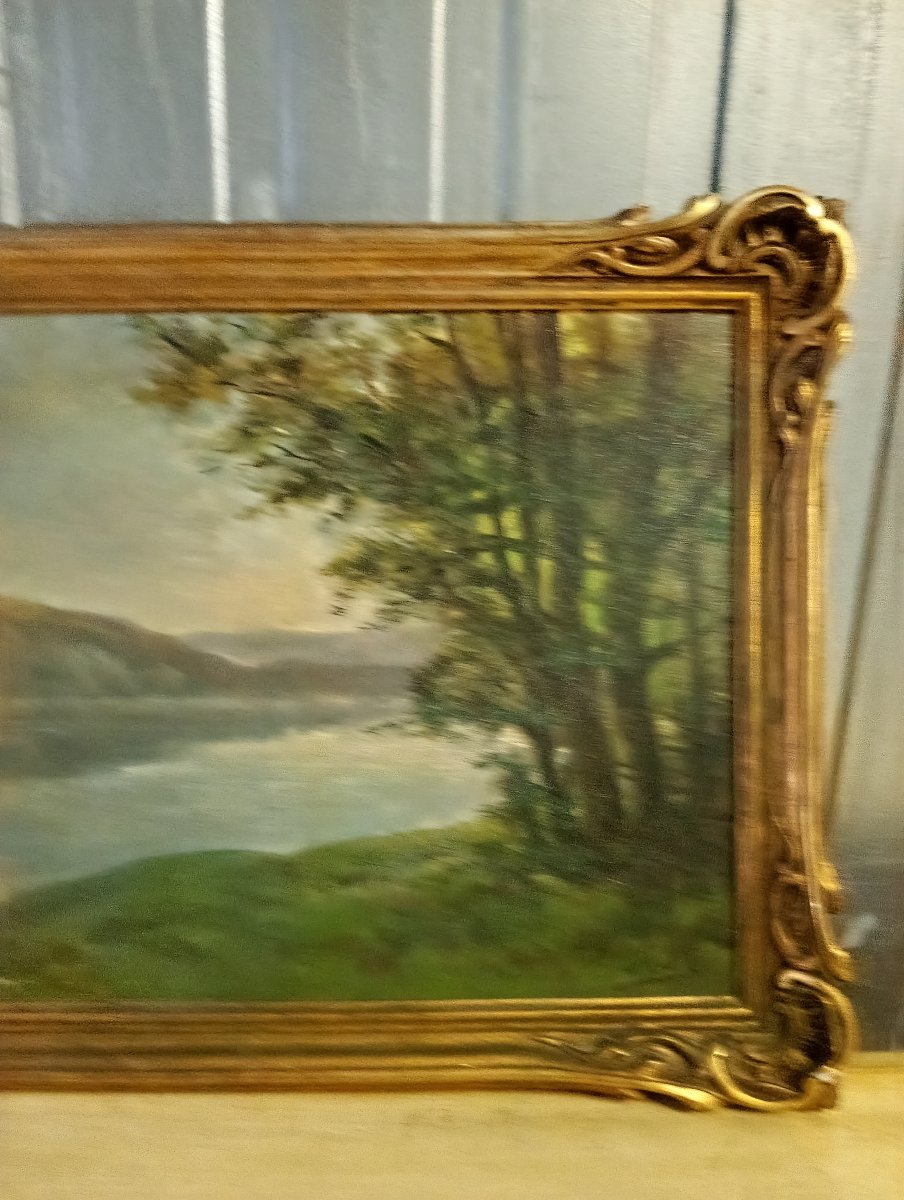 Paysage lacustre – Huile sur toile signée A.M. – École Française, début du XXe siècle  -photo-1
