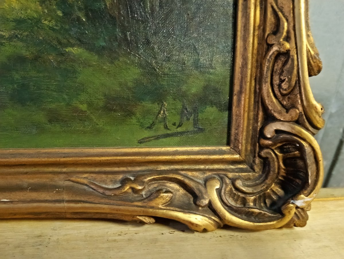 Paysage lacustre – Huile sur toile signée A.M. – École Française, début du XXe siècle  -photo-2