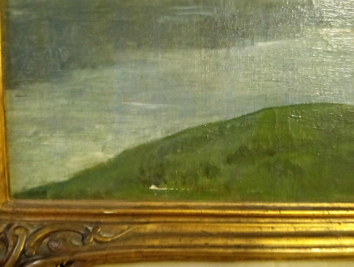 Paysage lacustre – Huile sur toile signée A.M. – École Française, début du XXe siècle  -photo-5