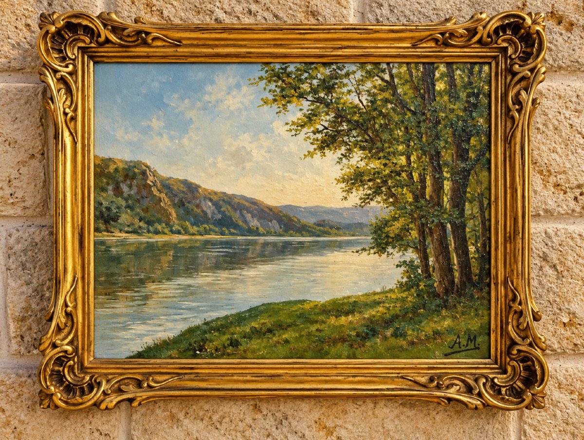 Paysage lacustre – Huile sur toile signée A.M. – École Française, début du XXe siècle  