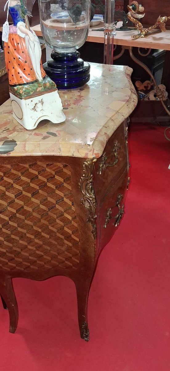 Curved Louis XV-style Ladies' Chest Of Drawers With Marquetry – Marble Top -photo-4
