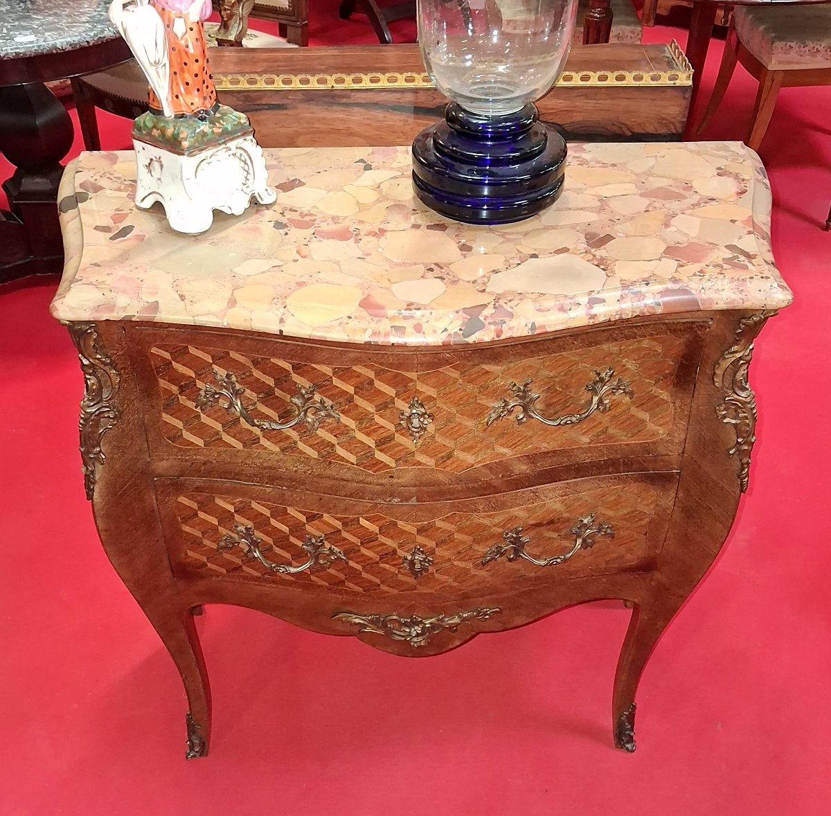 Curved Louis XV-style Ladies' Chest Of Drawers With Marquetry – Marble Top -photo-2