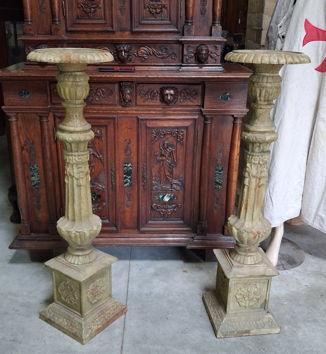 Pair Of Large Cast-iron Candlesticks – Neo-renaissance Style – 20th Century -photo-3