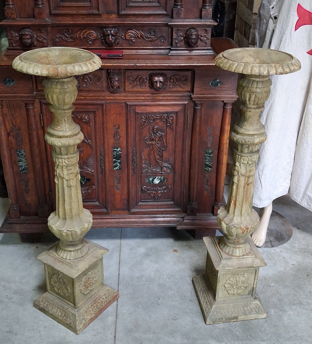Pair Of Large Cast-iron Candlesticks – Neo-renaissance Style – 20th Century -photo-4