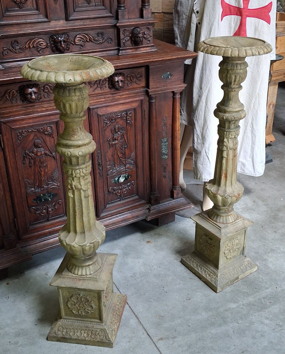 Pair Of Large Cast-iron Candlesticks – Neo-renaissance Style – 20th Century -photo-1