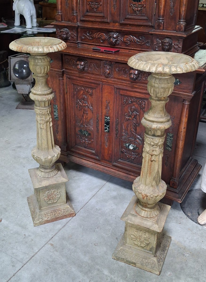 Pair Of Large Cast-iron Candlesticks – Neo-renaissance Style – 20th Century -photo-2