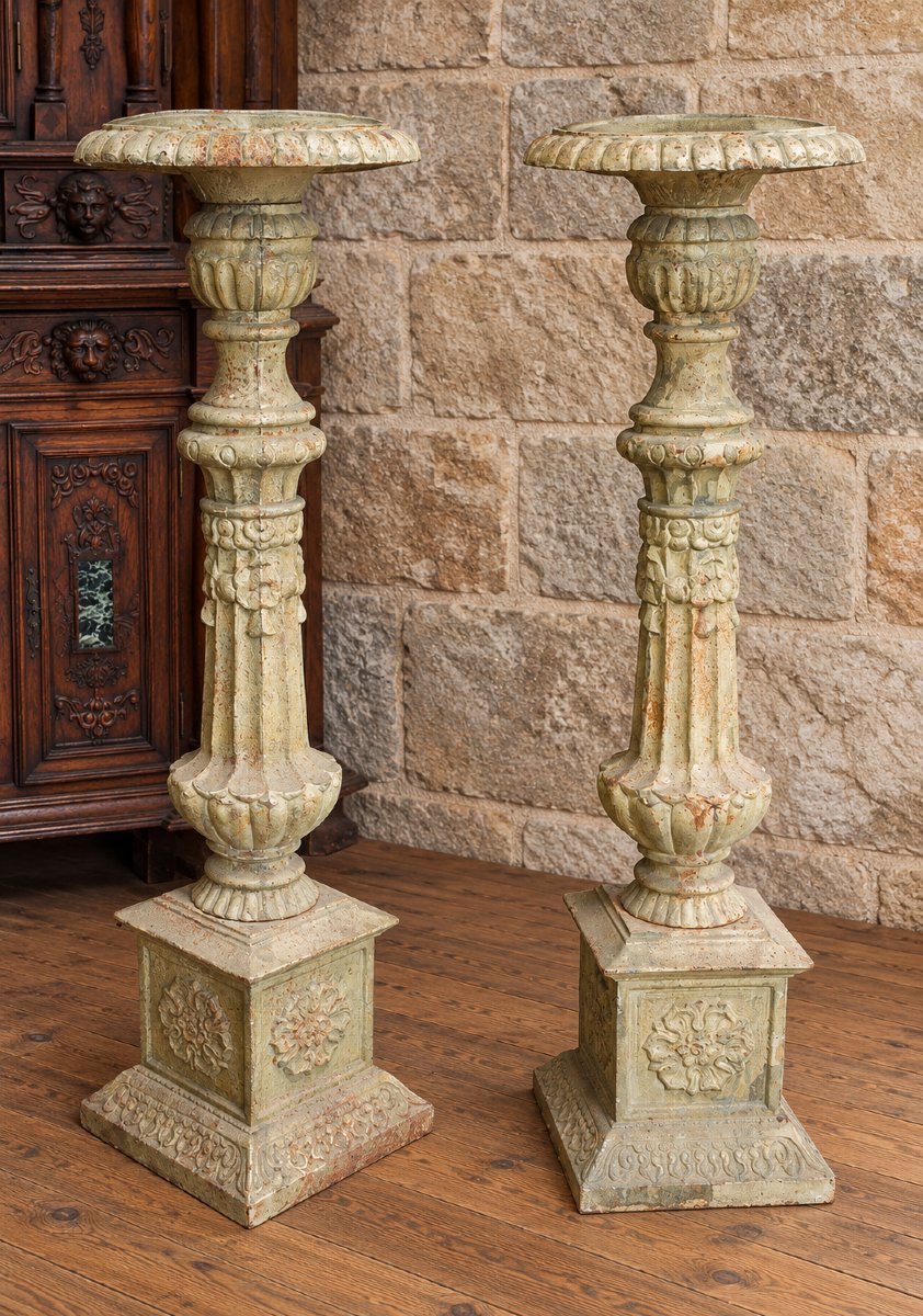 Pair Of Large Cast-iron Candlesticks – Neo-renaissance Style – 20th Century 