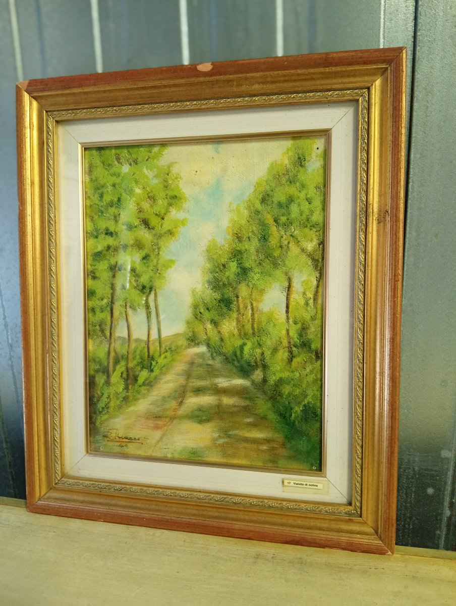 “vialetto Di Collina” – Tree-lined Country Road – Oil On Panel – 20th Century -photo-5