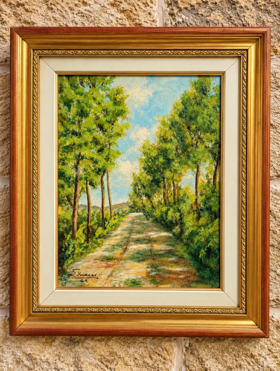 “vialetto Di Collina” – Tree-lined Country Road – Oil On Panel – 20th Century 