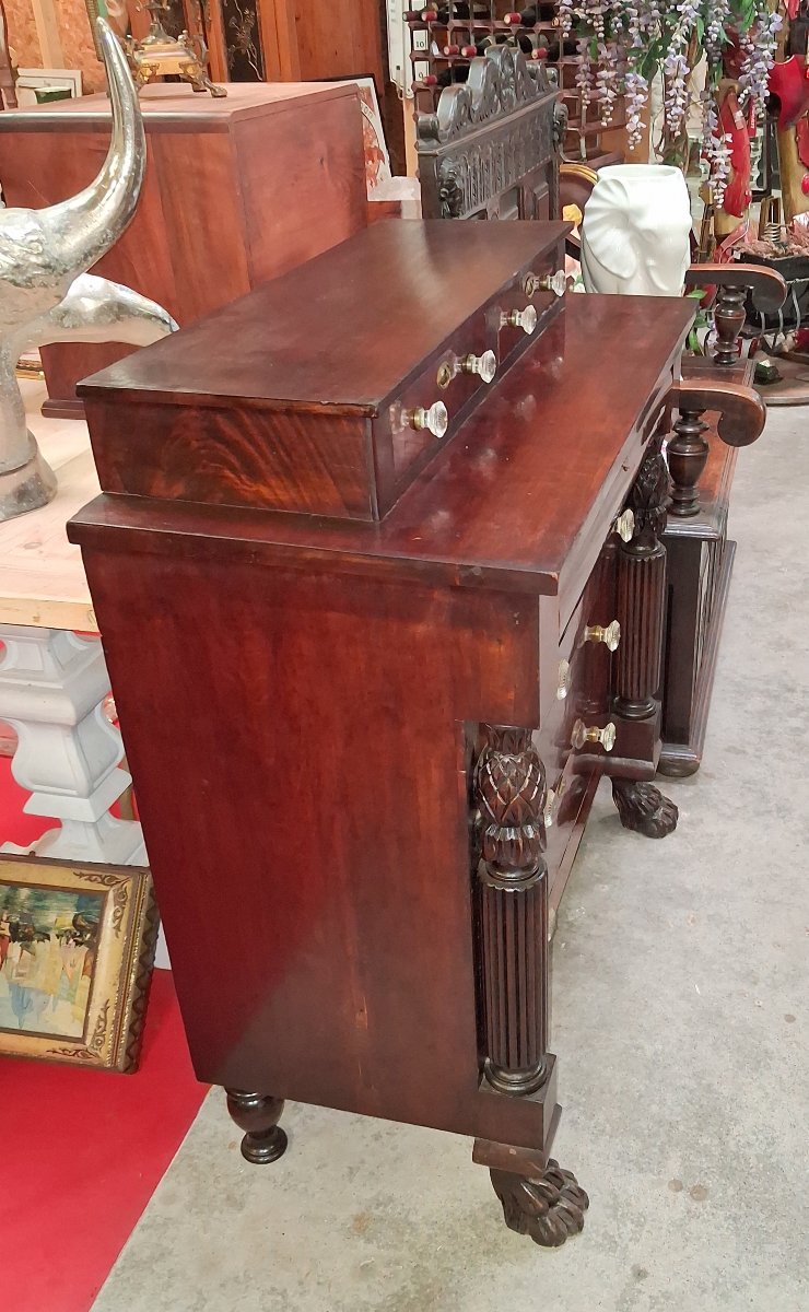 English Empire / Return From Egypt Mahogany Chest Of Drawers – Carved Columns – Claw Feet -photo-3