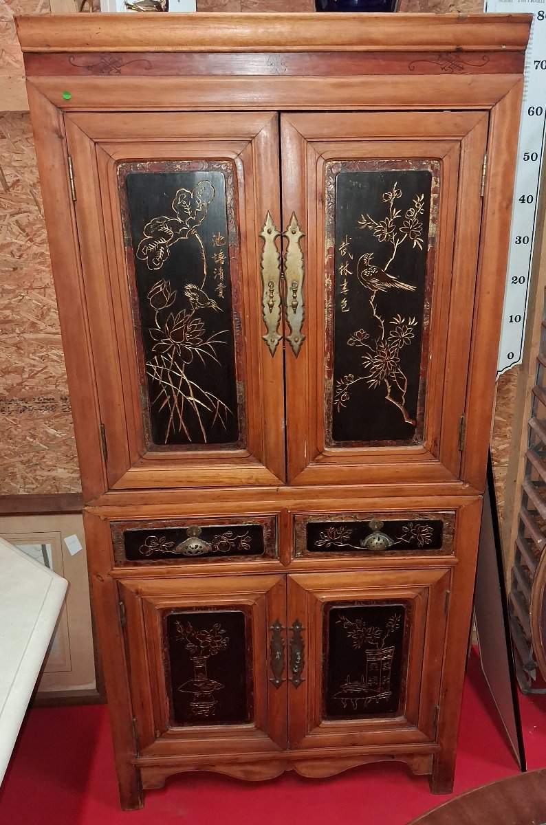 Meuble chinois en bois à panneaux laqués – Décor d’oiseaux et de fleurs -photo-2