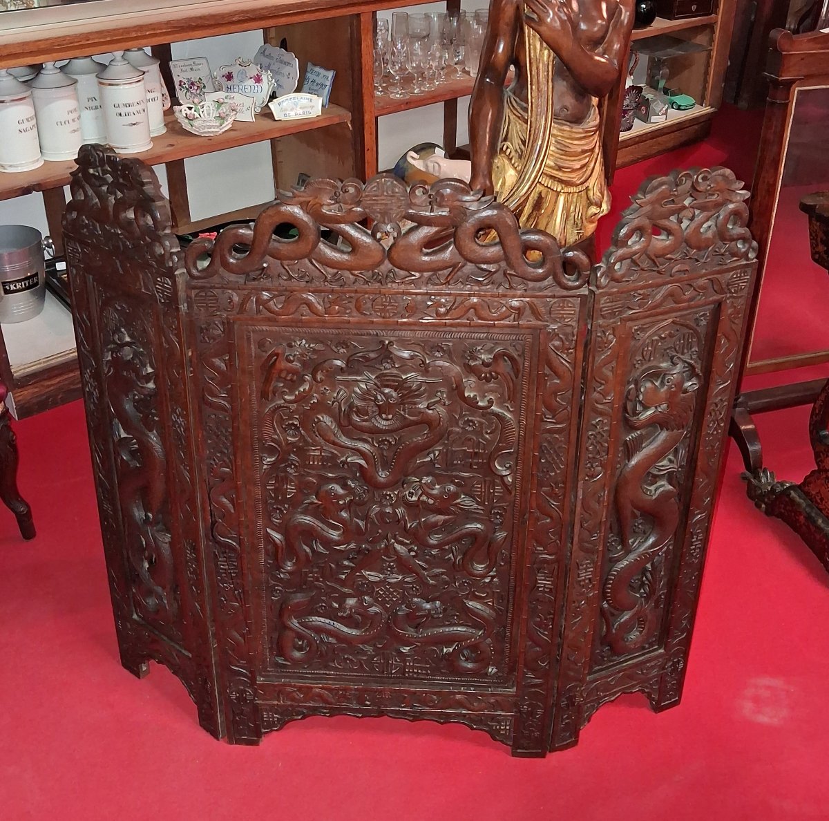 Carved Chinese Wooden Screen – Prominent Dragon Motifs – 19th Century -photo-3