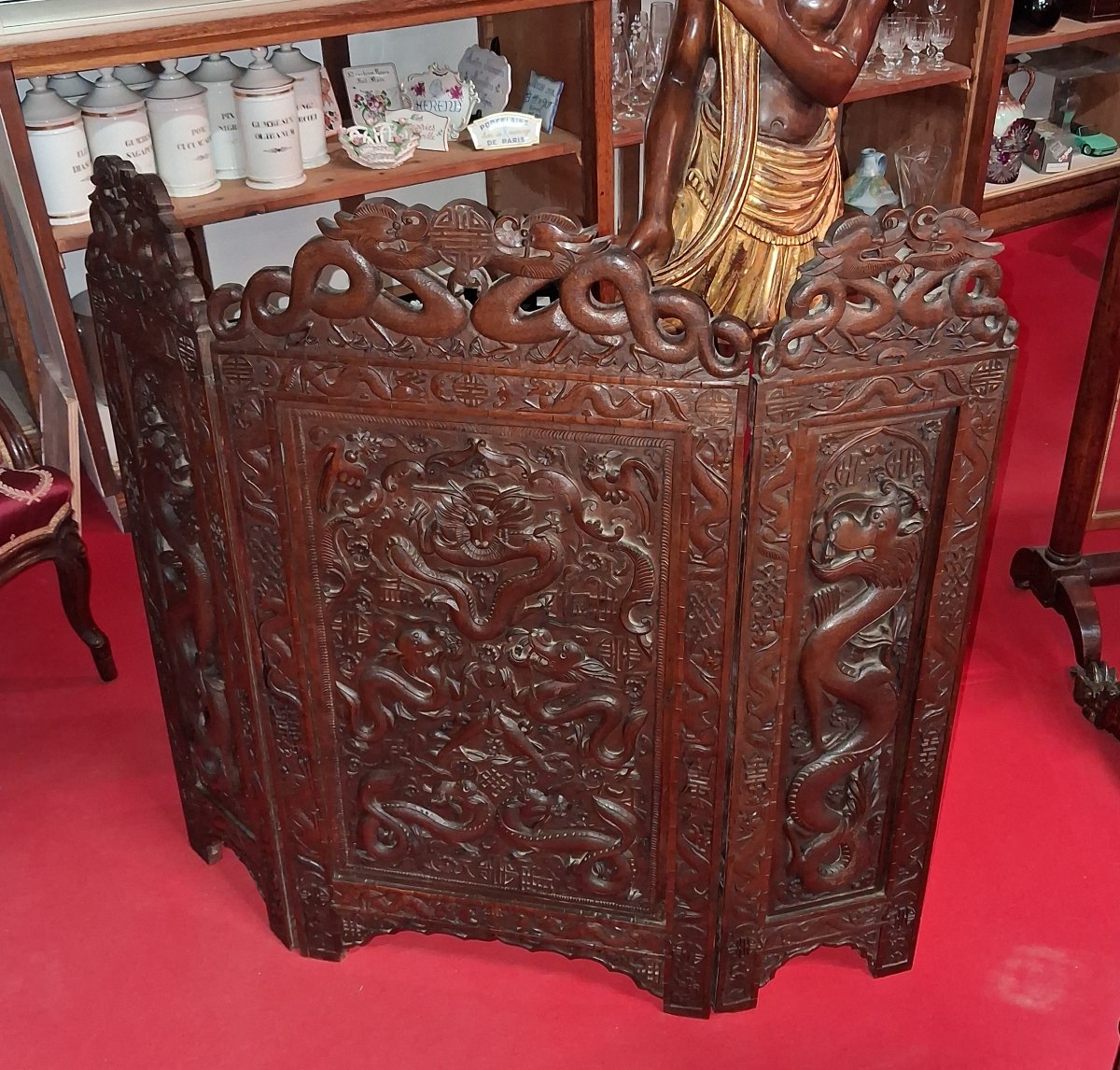 Carved Chinese Wooden Screen – Prominent Dragon Motifs – 19th Century -photo-4