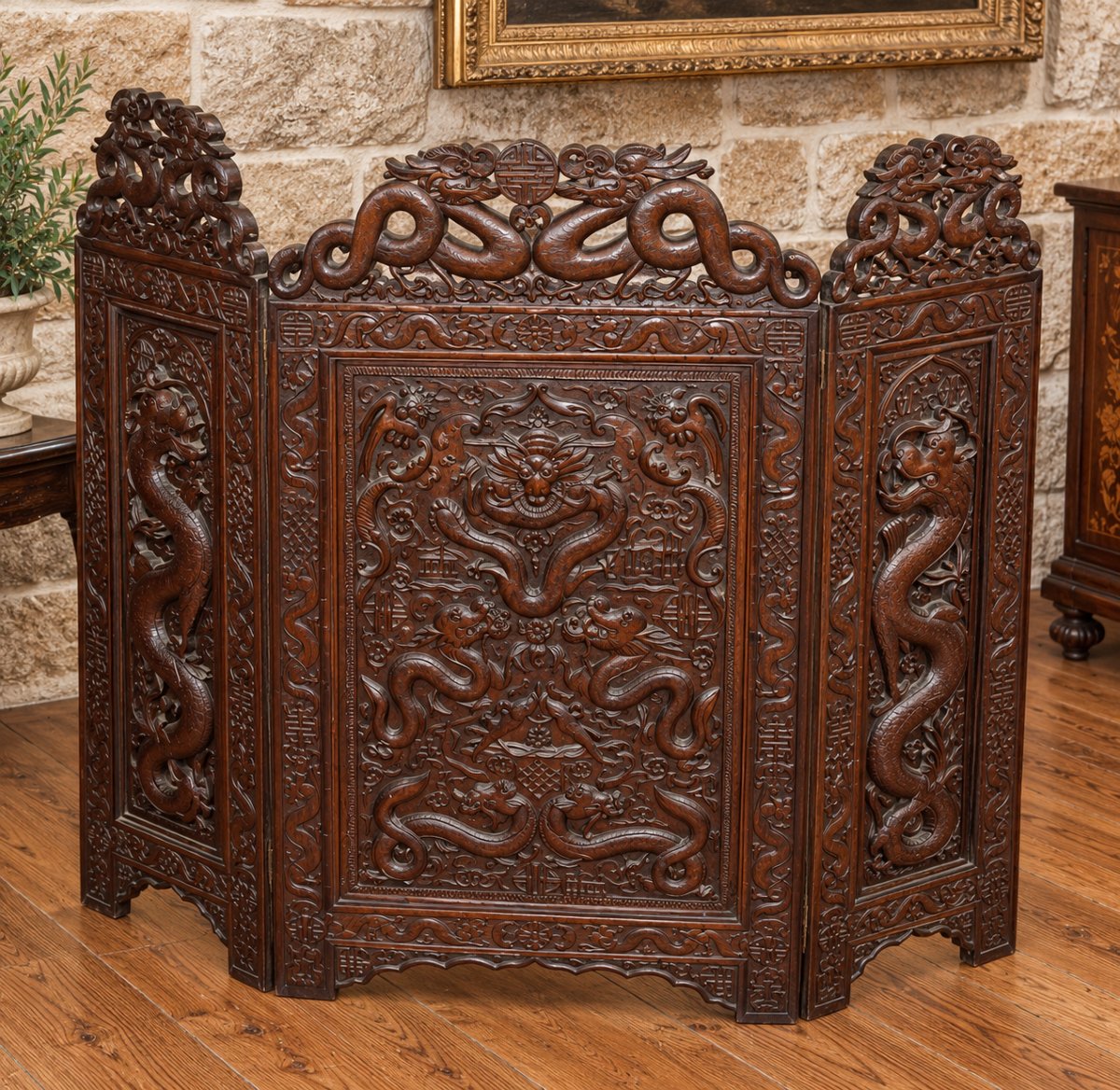 Carved Chinese Wooden Screen – Prominent Dragon Motifs – 19th Century 
