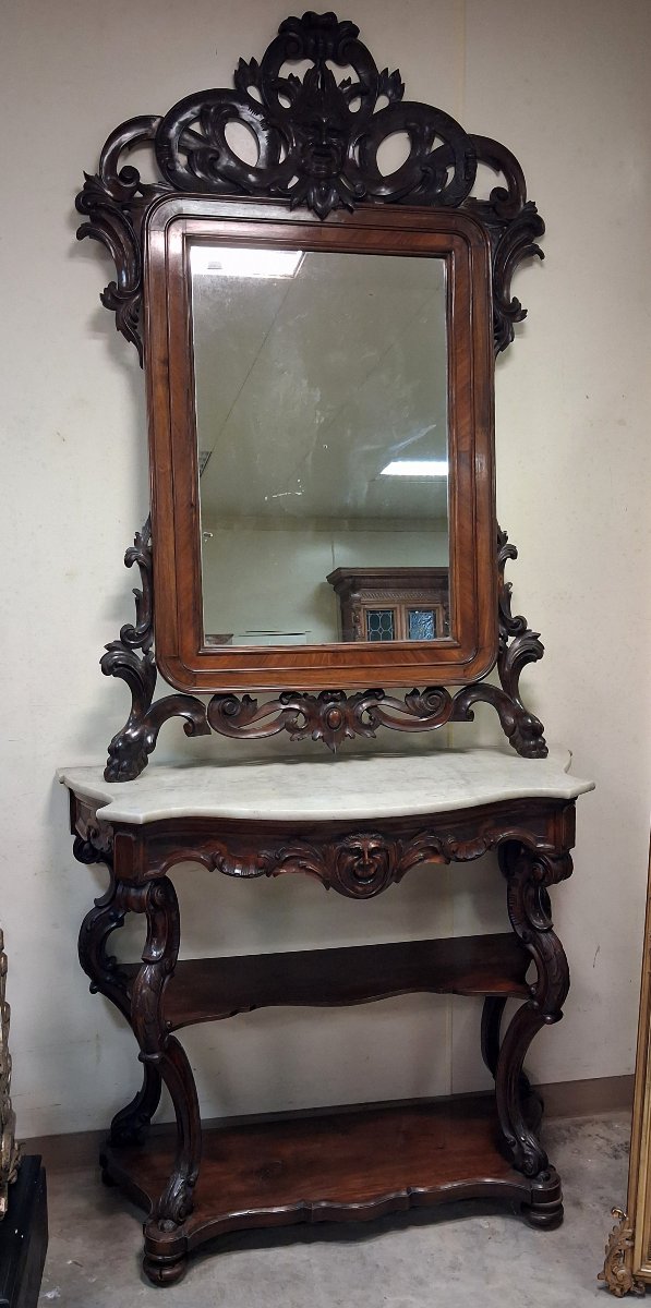 Importante Console à étagères et grand miroir sculpté – époque Napoléon III-photo-2