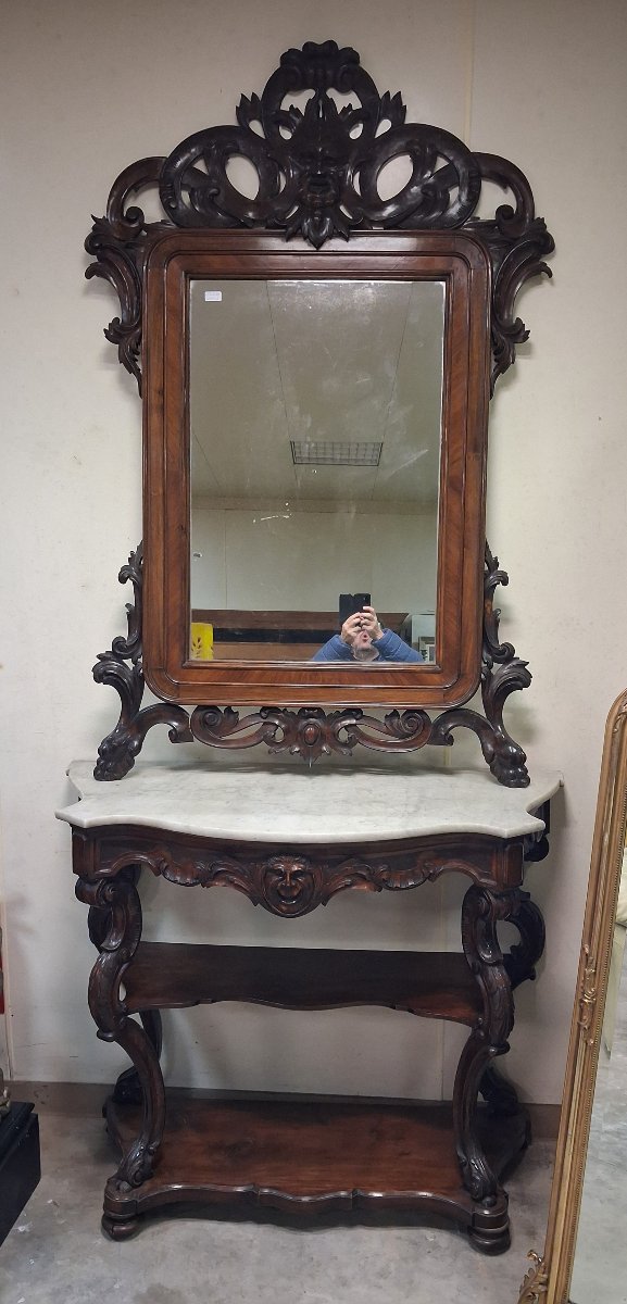 Importante Console à étagères et grand miroir sculpté – époque Napoléon III-photo-3