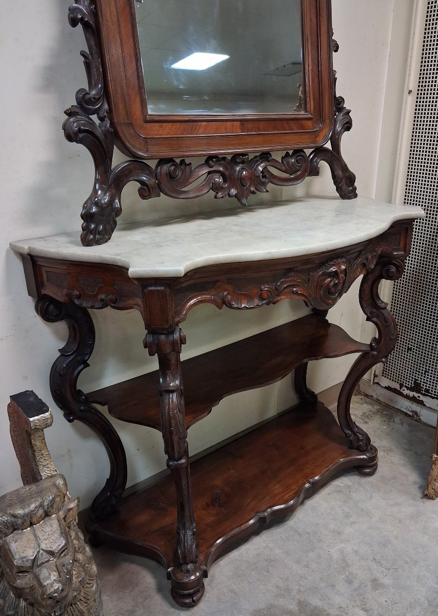 Importante Console à étagères et grand miroir sculpté – époque Napoléon III-photo-7