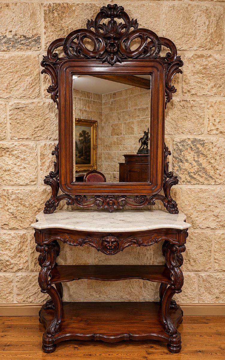 Importante Console à étagères et grand miroir sculpté – époque Napoléon III