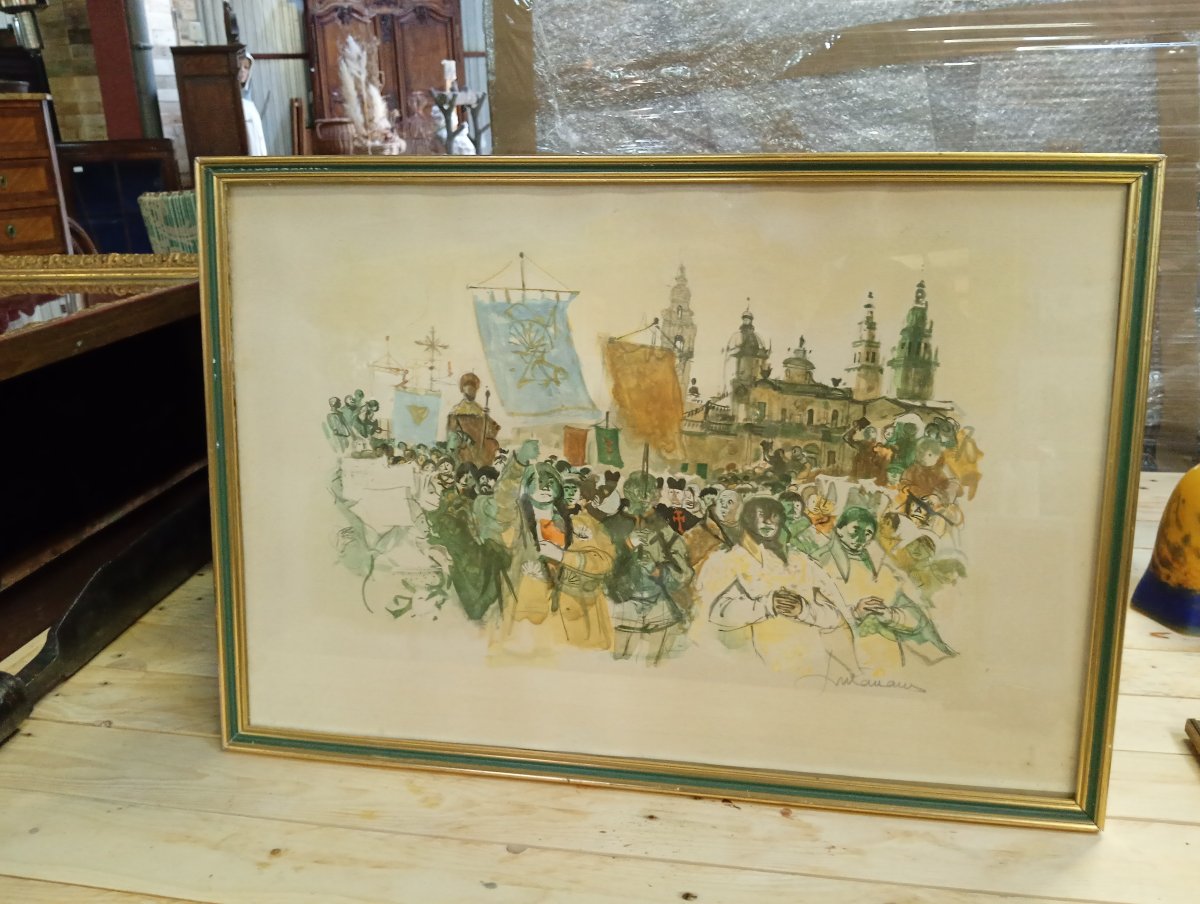 Large Signed Watercolor – Religious Procession And Crowd In Front Of A Cathedral – 20th Century -photo-2