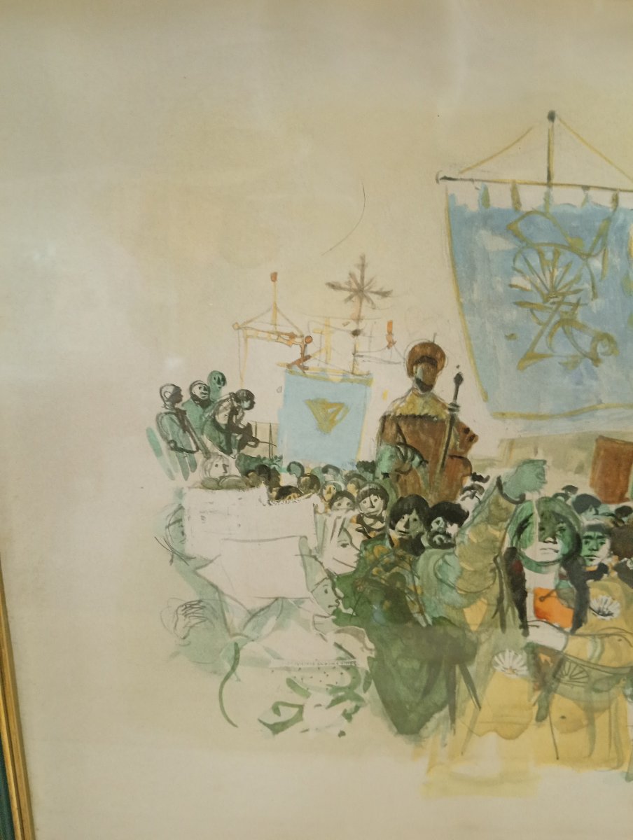 Large Signed Watercolor – Religious Procession And Crowd In Front Of A Cathedral – 20th Century -photo-3