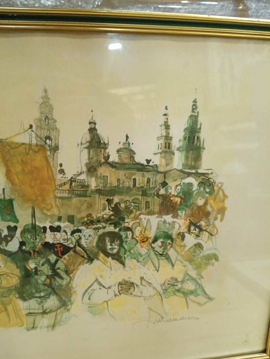 Large Signed Watercolor – Religious Procession And Crowd In Front Of A Cathedral – 20th Century -photo-1