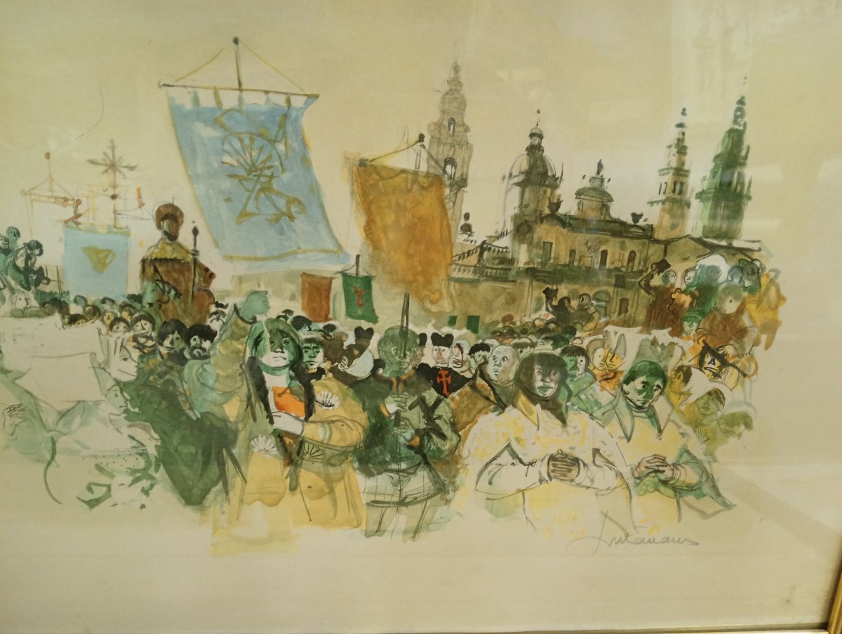 Large Signed Watercolor – Religious Procession And Crowd In Front Of A Cathedral – 20th Century -photo-3