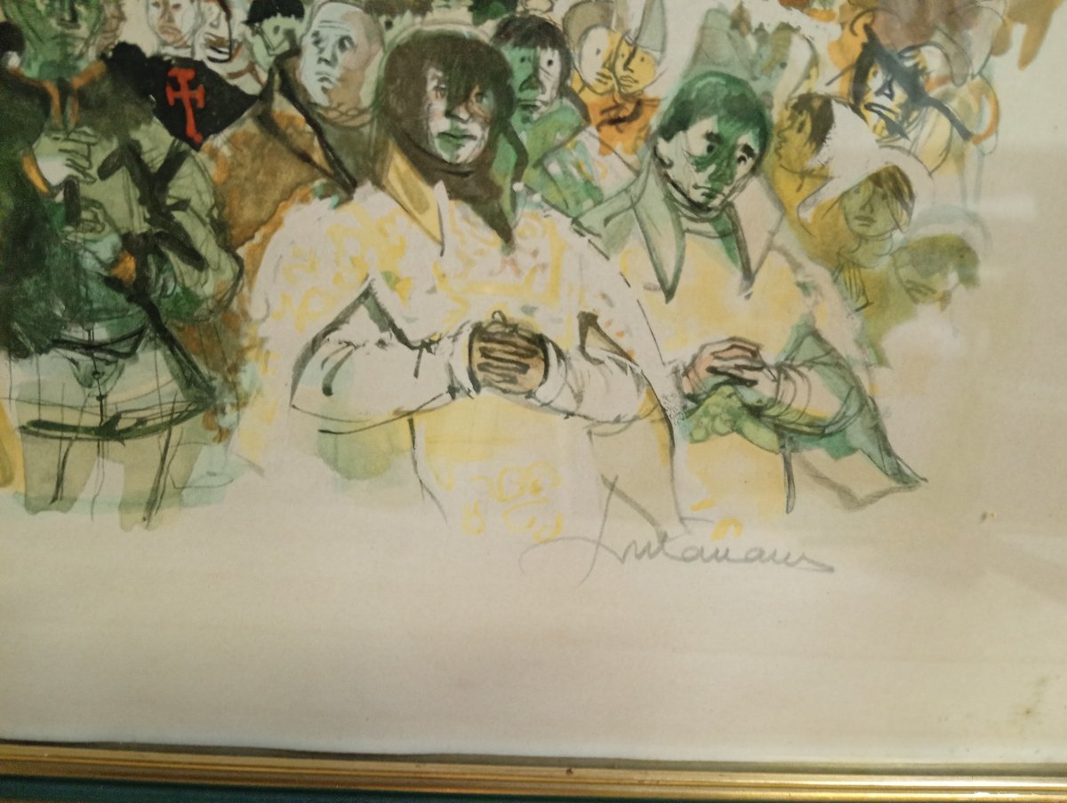 Large Signed Watercolor – Religious Procession And Crowd In Front Of A Cathedral – 20th Century -photo-5