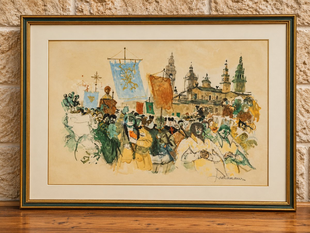 Large Signed Watercolor – Religious Procession And Crowd In Front Of A Cathedral – 20th Century 