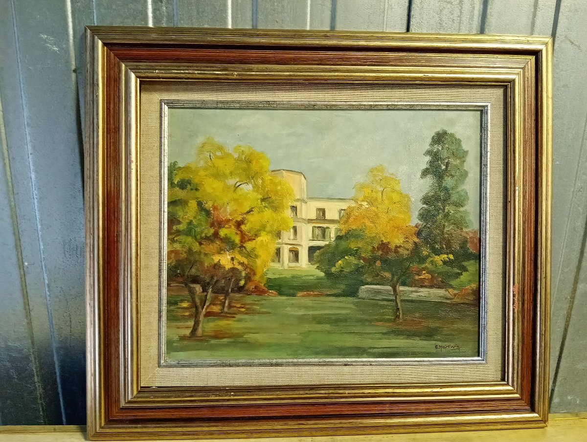 E. B. Hartwig – Paysage de parc en automne – Huile sur panneau – XXe siècle -photo-2