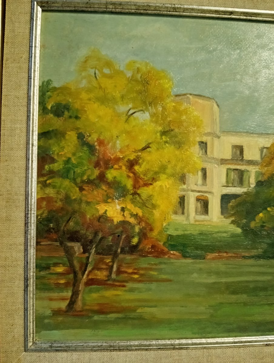 E. B. Hartwig – Paysage de parc en automne – Huile sur panneau – XXe siècle -photo-4