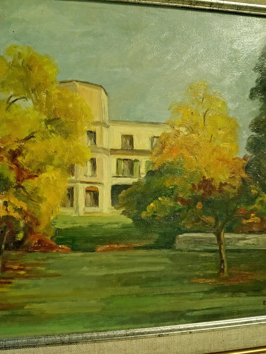 E. B. Hartwig – Paysage de parc en automne – Huile sur panneau – XXe siècle -photo-1