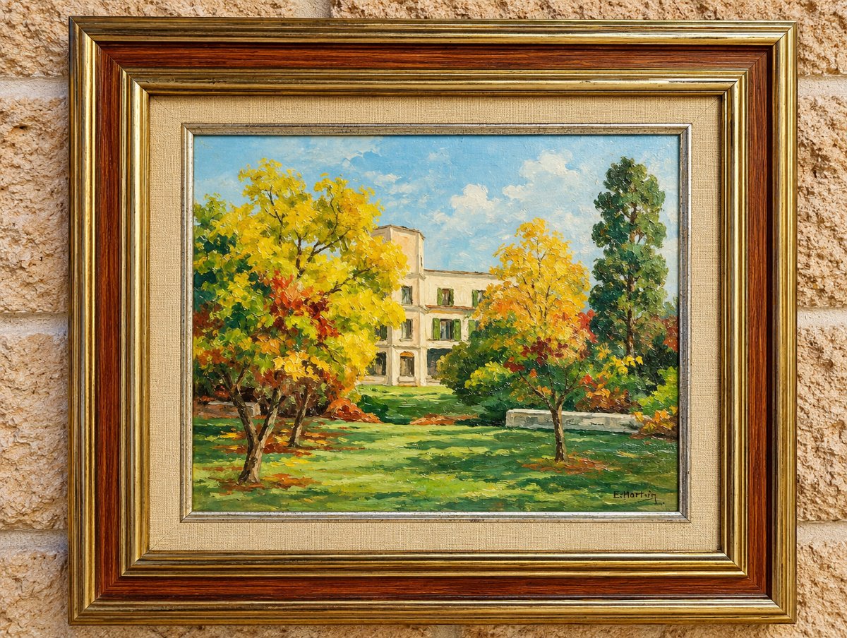 E. B. Hartwig – Paysage de parc en automne – Huile sur panneau – XXe siècle 