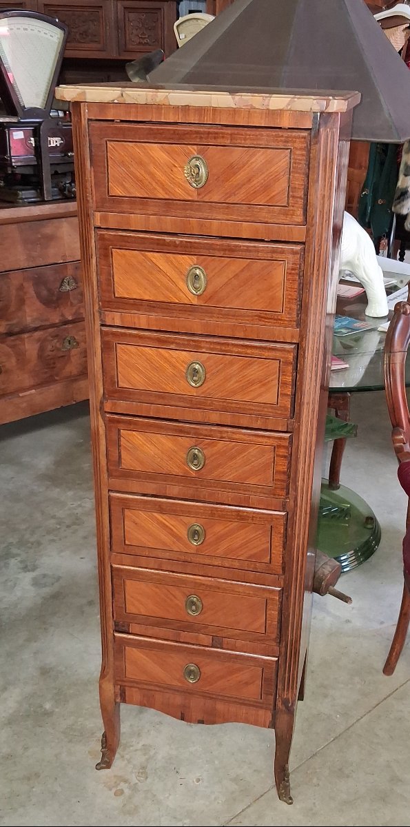 Louis XV-style Chest Of Drawers / Weekly Organizer – Marquetry – Marble Top -photo-3