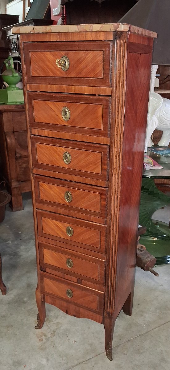 Louis XV-style Chest Of Drawers / Weekly Organizer – Marquetry – Marble Top -photo-4