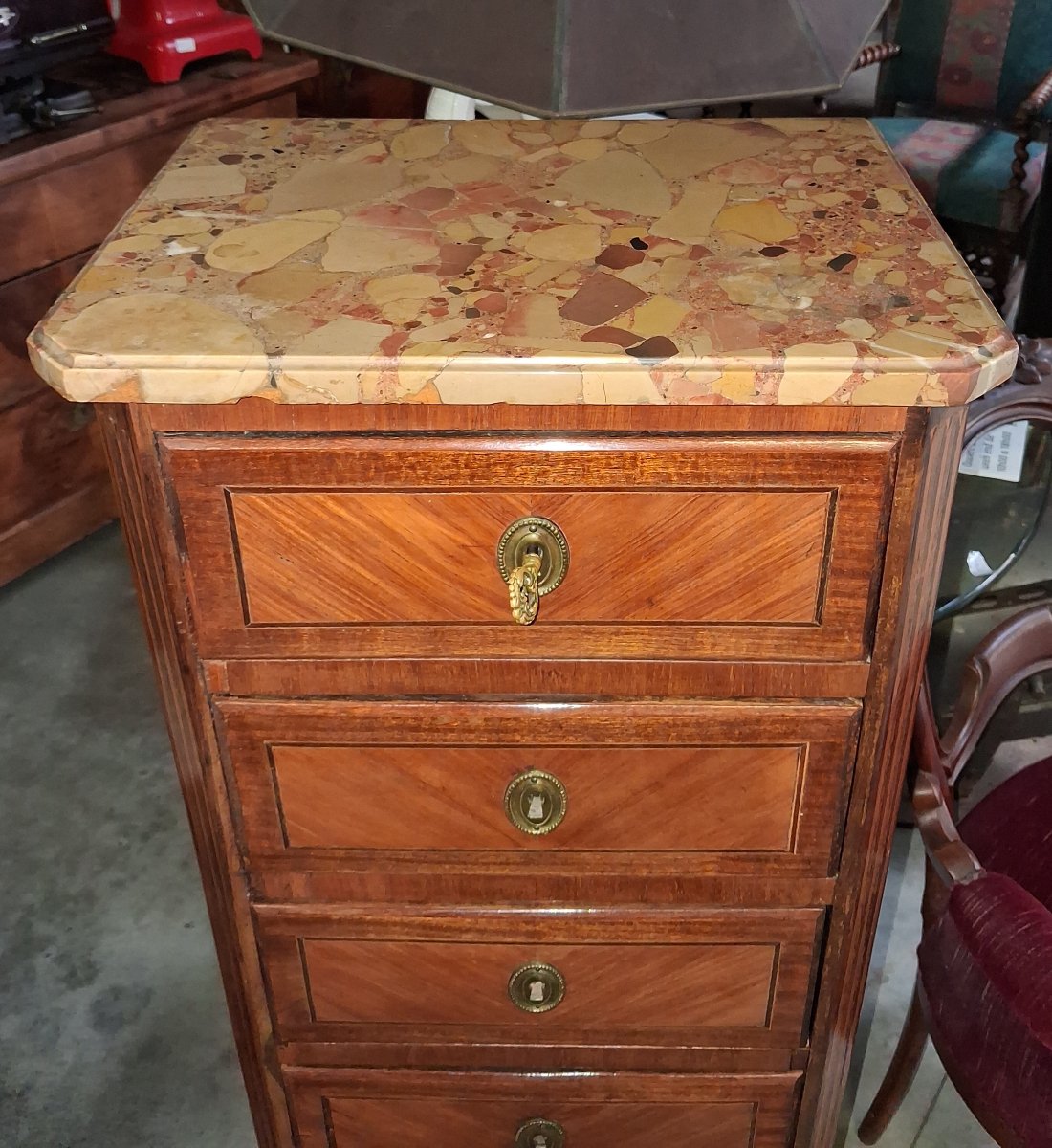 Louis XV-style Chest Of Drawers / Weekly Organizer – Marquetry – Marble Top -photo-3